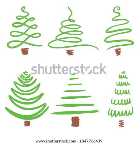 Set of vector illustrations of linear green fir trees, Christmas linear tree for greeting cards. Isolated for holiday backgrounds, flyers, invitations, design cards, scrapbooking