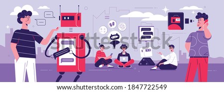 Artificial intelligence chatbot technical support flat colorful background banner with bot robots communicating with customers vector illustration