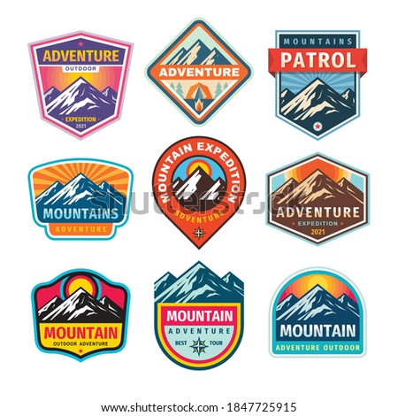 Mountain badges set. Adventure outdoor creative vintage logo design. Climbing hiking emblem collection. Vector illustration. 