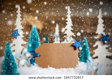 Christmas Trees, Snowflakes, Wooden Background, Label, Copy Space