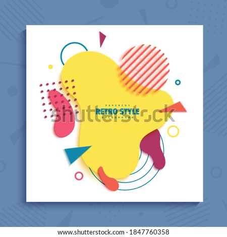 Abstract geometric shapes in cut paper style. Creative flyer Memphis 80s 90s retro element layered bubbles cut out of cardboard. Modern vector banner template with liquid color wavy splash.