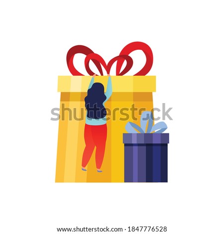 People with gifts flat composition with woman hanging on side of gift boxes with ribbons vector illustration
