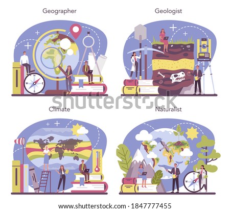Geographer concept set. Studying the lands, features, inhabitants of the Earth. Geologist, naturalist. Climate and environment research. Isolated vector illustration
