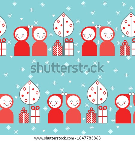Christmas seamless pattern wiht cute characters. Vector illustration.