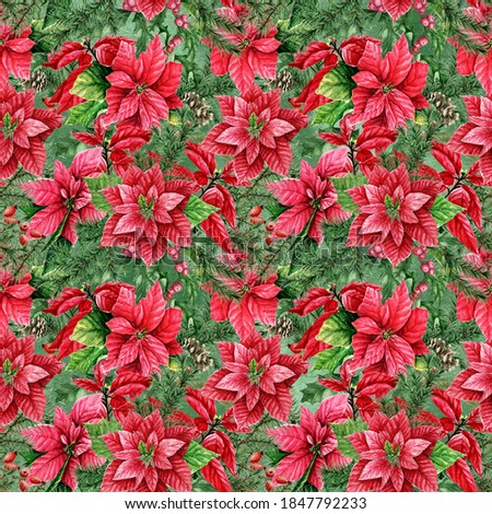 Holly, poinsettia, spruce branches watercolor pattern on green background. Winter seamless pattern
