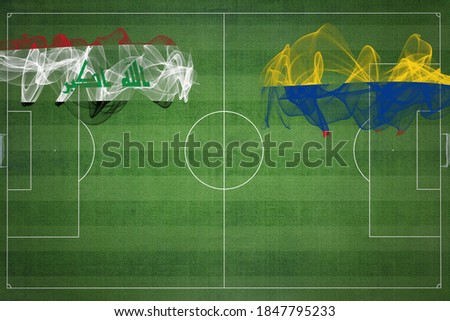 Iraq vs Colombia Soccer Match, national colors, national flags, soccer field, football game, Competition concept, Copy space