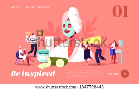 Spa, Beauty and Cosmetology Landing Page Template. Tiny Characters around Huge Woman with Facial Mask, Cucumber Slices and Cream Jars. Face Skin Care and Treatment. Cartoon People Vector Illustration Royalty-Free Stock Photo #1847798443