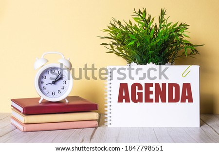 AGENDA is written in a notebook next to a green plant and a white alarm clock, which stands on colorful diaries. Organizational concept.