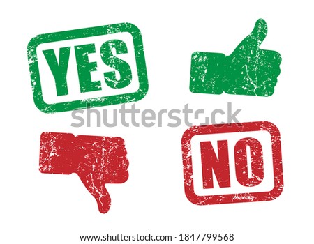 Yes and no grunge style rubber stamp icon symbol. Thumb up and down logo sign button. Vector illustration. Isolated on white background.