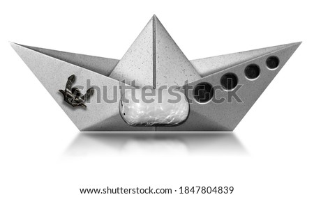 White paper boat with anchor, portholes and a fender bumper, isolated on white background with reflections, photography.