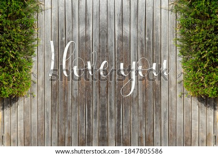 Background with the inscription I love you. Gray background. Background fence with greenery. Old tree with inscription
