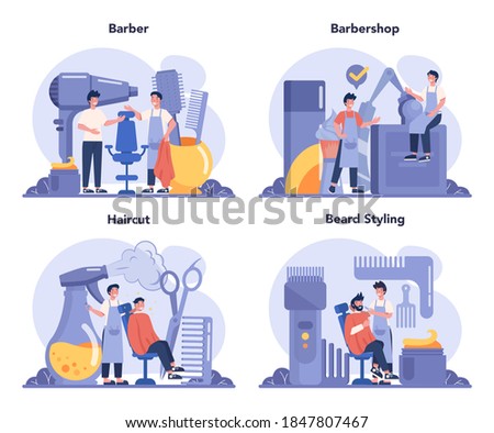Barber concept set. Idea of hair and beard care. Scissors and brush, shampoo and haircut process. Hair treatment and styling. Isolated flat illustration