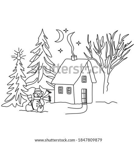 Winter in the village. New Year. Snowman. Minimalist illustration. Vector One line drawing.