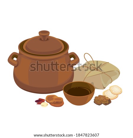 Chinese medicine boiler and herbal drink and dry herbs. Royalty-Free Stock Photo #1847823607