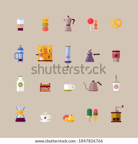 Modern colorful coffee maker set illustration. Icons for coffee shop, menu, booklet, website with french press, aeropress, chemex. 
