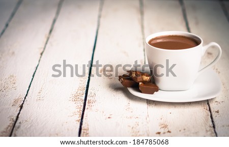 Cup of hot chocolate on wooden background