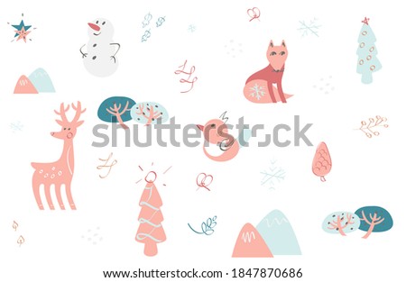 Childish background with snowman, deer, fox, bird, mountains and Christmas trees. Hand drawing, vintage style. Vector