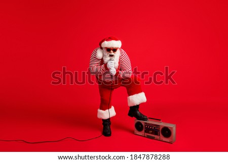Full length body size view of his he handsome bearded fat overweight Santa vocalist singing hit having fun leisure entertainment vocal voice isolated bright vivid shine vibrant red color background