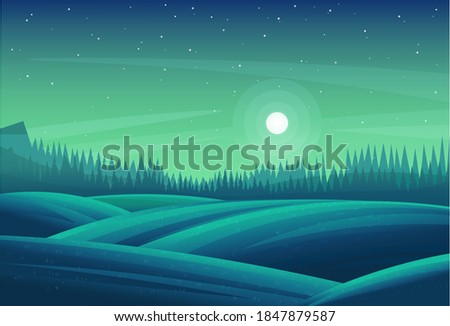 Night forest landscape. Blue-green fields, meadows, strip of coniferous wood. Bright meadows and stars. Beautiful nightly natural forest landscape. Fir, Christmas trees, pines, dense thickets