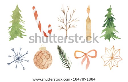 Large collection of Christmas watercolor objects. Festive elements. Christmas tree, caramel cane, winter tree, candle, snowflake, decoration, part of spruce, bow, star.