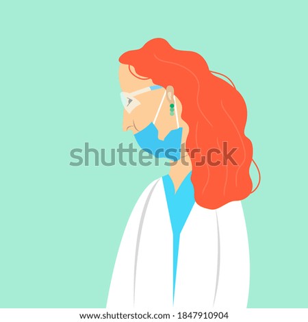 Young female doctor wearing the mask and eyeglasses. Vector flat illustration.