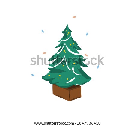Hand drawn vector abstract fun stock flat Merry Christmas,and Happy New Year cartoon festive card with cute illustrations of big decorated Xmas tree indoor isolated on white background