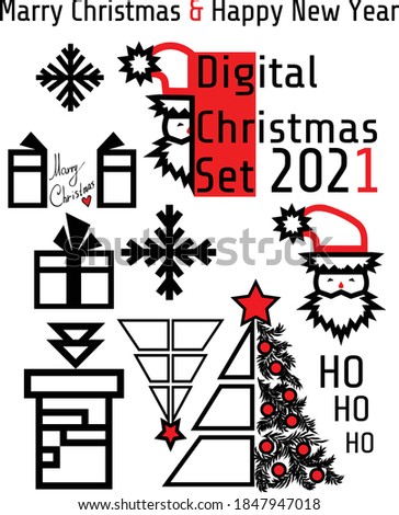 Digital Christmas and New Year Symbols Icon Vector Set. Christmas Trees Decorated, Giftboxes, Snowflakes, Chimney, Santa's head geometrical stylized cut out black and red on white background. 