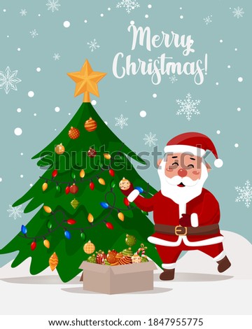 
Greeting card. Santa is decorating the Christmas tree.