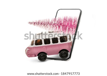 online delivery of Christmas products and Christmas trees, vintage toy truck rides from a mobile phone. Concept for holiday and business. Pink color, isolate on a white background.