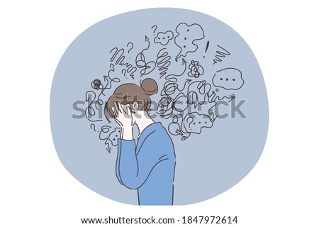 Headache, depression, anxiety concept. Vector illustration. Crying woman suffering fatigue from frustration depression complex psychological disease. Mental stress panic mind disorder illustration. Royalty-Free Stock Photo #1847972614