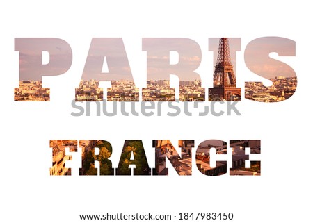 Paris word postcard. Text sign with city name of Paris, France.