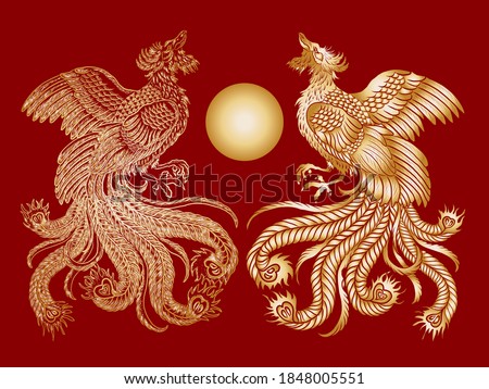 Beautiful line art of Phoenix for tattoo design on background.Phoenix vector for printing on shirt.Gold vector illustration for doodle art and coloring book on white isolated background.