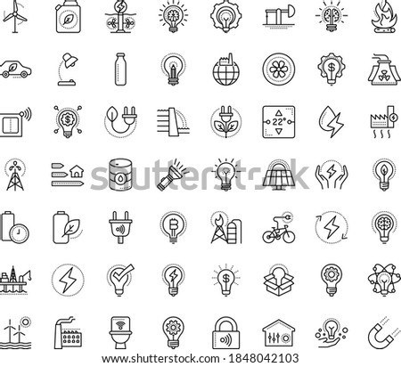 Thin outline vector icon set with dots - innovation vector, Entrepreneurship, Idea, great solution, Creative process, Table lamp, creativity, electric bycicle, fintech, factory, nuclear power, dam