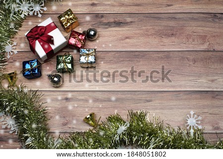 flat lay, top view Christmas and new year concept on vintage wooden table desk background with many gifts box, and accessory, Christmas composition with copy space, winter, Holiday