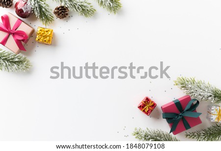 Top view of framing christmas decoration mockup arranging in minimal style. Merry christmas and Happy new year festival background concept.