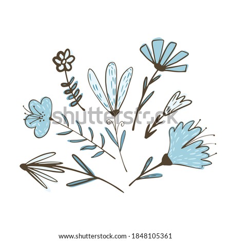 Composition from flowers on twigs with foliage on white background. Abstract botanical sketch blue color hand drawn in style doodle vector illustration.