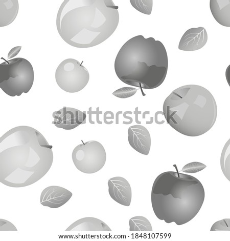 Grascale seamless pattern of green and red apples with leaves. Vector illustration isolated on white background. Texture for fabric, textile, menu, packaging, website.