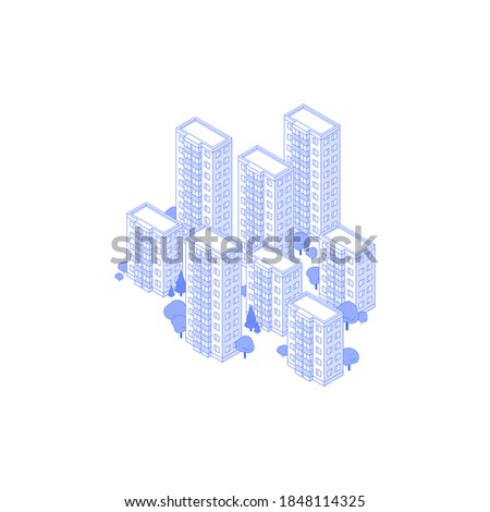 Monochrome line art isometric high-rise residential area illustration. big condo yard with trees around Royalty-Free Stock Photo #1848114325