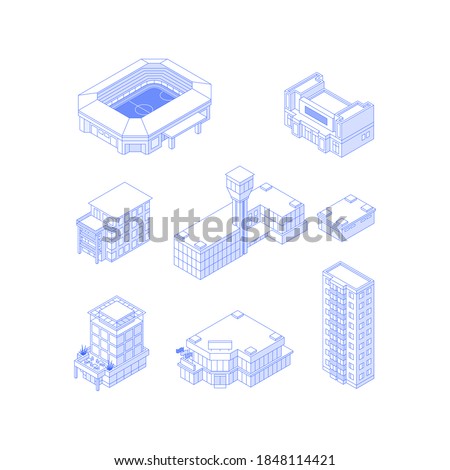Set of isometric objects. Monochrome line art city buildings collection. Stadium theatre condo airport hotel office building mall high-rise apartment house Royalty-Free Stock Photo #1848114421