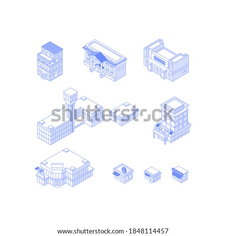 Set of isometric objects. Monochrome line art city buildings collection. Hotel city hall theatre airport office building mall shops cafes Royalty-Free Stock Photo #1848114457