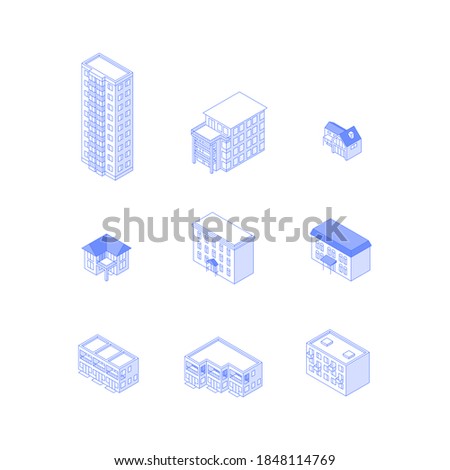 Set of isometric objects. Monochrome line art residential buildings collection. High-rise condo apartment houses cottages townhouses Royalty-Free Stock Photo #1848114769
