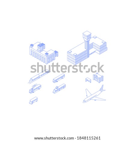 Set of isometric objects. Monochrome line art public transport elements collection. Railway station airport subway station bus stop aircraft tram trolleybus bus train Royalty-Free Stock Photo #1848115261