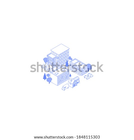 Monochrome line art isometric residential area illustration. Condo yard with trees and parking Royalty-Free Stock Photo #1848115303