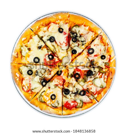 Classic pizza with ham, cheese, olives and tomatoes.  isolate on white, close-up. Top view, flat lay.