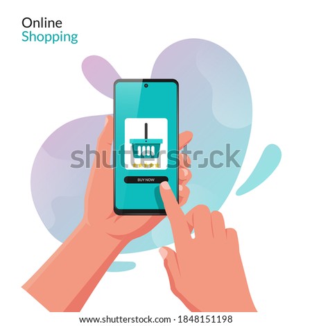 Hand holding smartphone with online shopping app concept. Technology for online business with liquid background vector illustration. Royalty-Free Stock Photo #1848151198