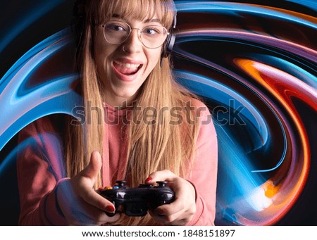 girl wearing virtual reality glasses, distorted background