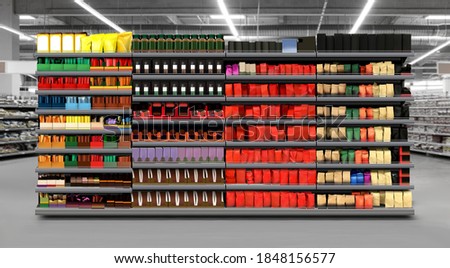 3D illustration of Coffee packagings on shelf in supermarket. Suitable for presenting new products and new designs, labels and to better present new coffee brands among many other. Royalty-Free Stock Photo #1848156577