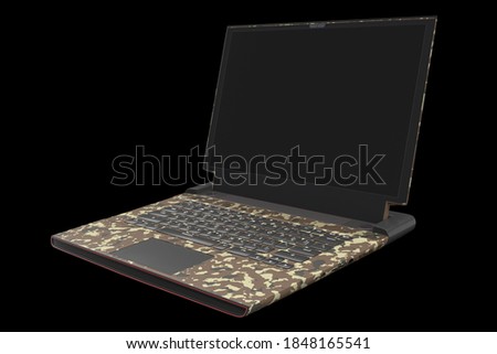 3d rendering of modern gaming laptop with rgb lights isolated on black with clipping path. Concept of computer and cloud gaming camouflage colored