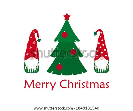 Vector Merry Christmas greeting card with Gnomes and Xmas tree isolated on white background. Cute poster with Scandinavian Gnomes with beard and tree for winter holidays, postcard, invitation, print.