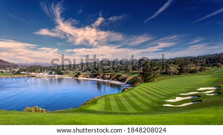 A view of Pebble Beach golf  course, Hole 6, Monterey, California, USA Royalty-Free Stock Photo #1848208024
